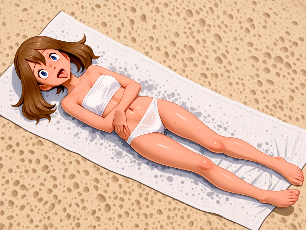bright green hair, and a ponytail, beach, tropical, sitting in shade with beach umbrella, on towel, glasses, character full body portrait, full body, a character portrait, reading book, female emo art student, white sundress, black hair pins, dark skin, full body character portrait, inspired by Eiichiro Oda, flip flops,