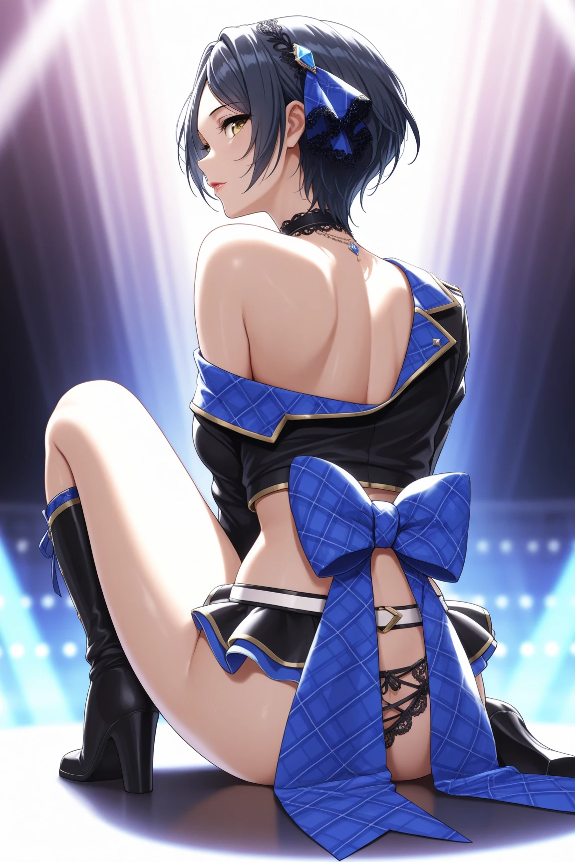 score_9, score_8_up, score_7_up, 1. A girl is completely naked and covered in sweat(Sex slave prostitute)Crouch、blush、Steamed body、large_breasts、Lead、looking_at_viewer、nipple_piercing、(belly button)、(pubic_hair、Sheer pelvic_curtain:1.2)Bound ankles. Tied arms. B1DCR0WD. stage.naotodancing, 、6+girl