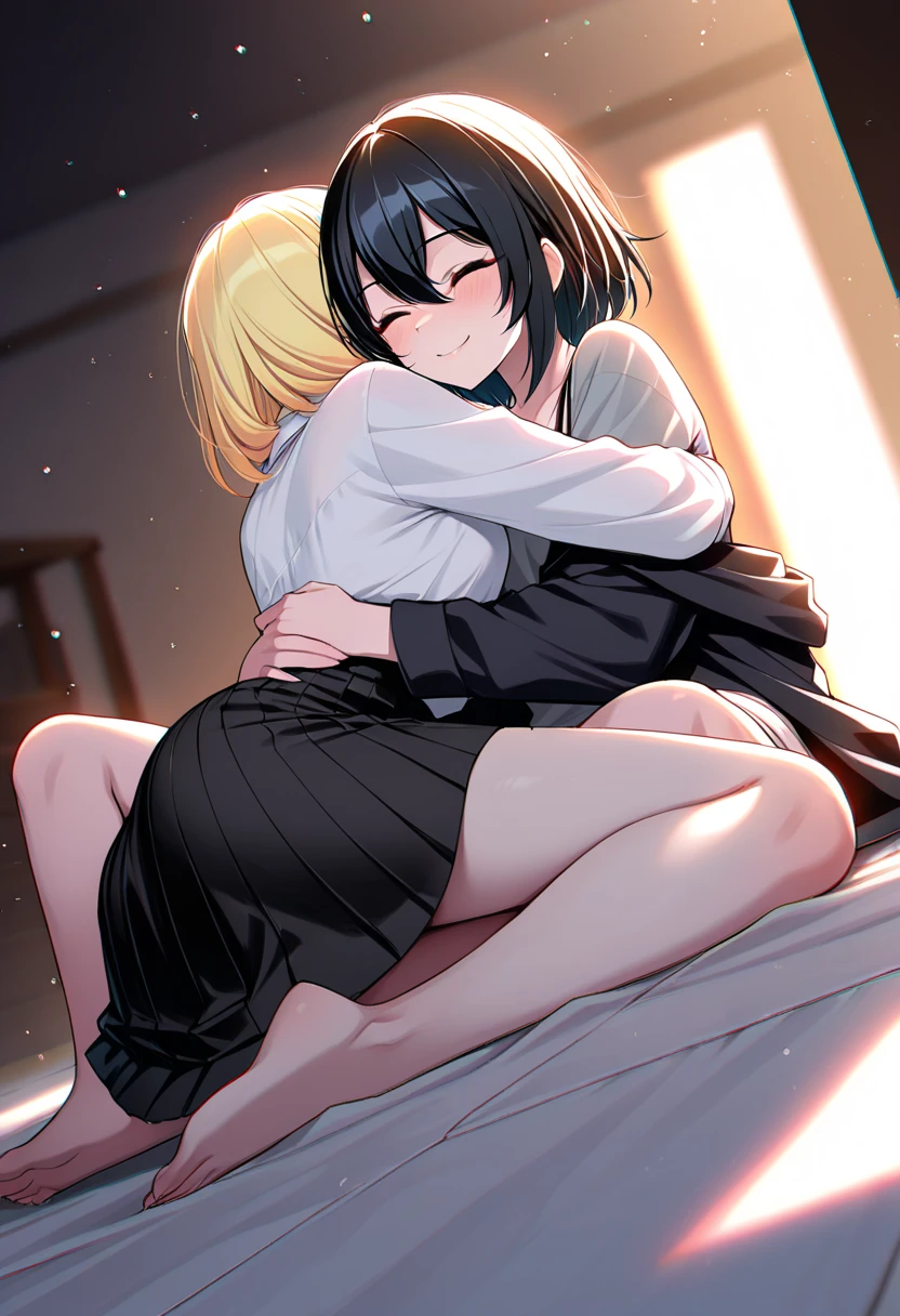 2 women kissing, completely naked, sitting on the bed, lesbian hug, one hand on the pussy, wet pussy, defense of breast size, erect breasts, embarrassed face