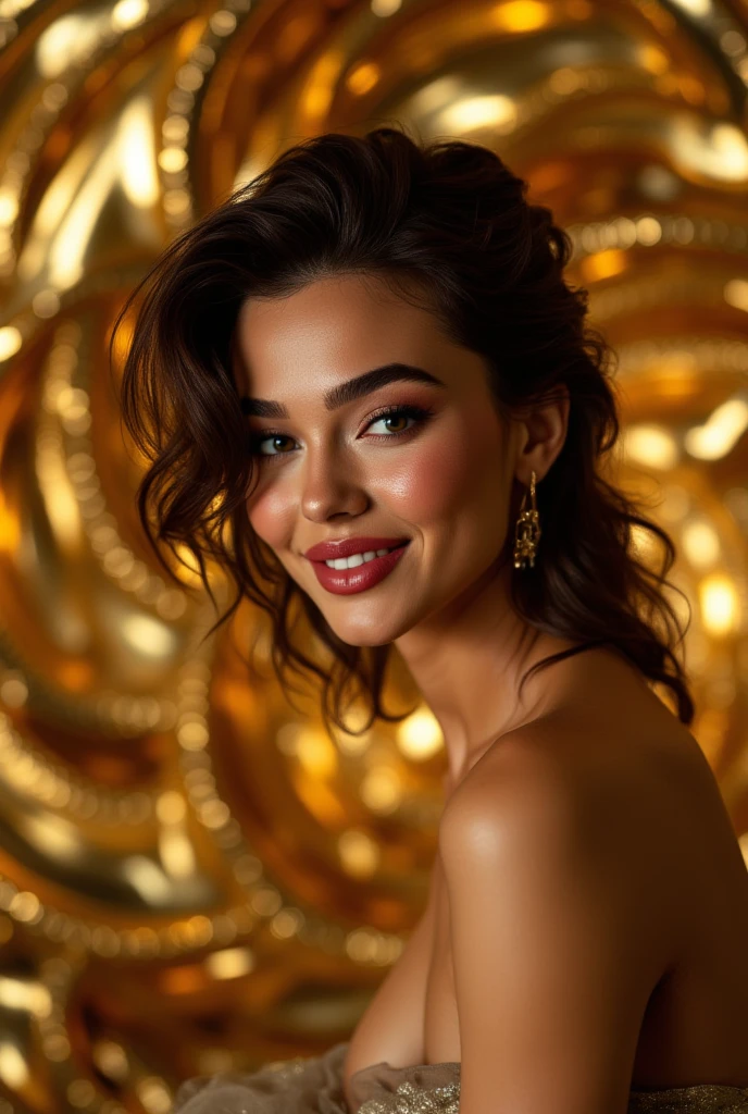 {high definition, cinematic, 8k} (Produces Stylish and trendy fashion Photo Shoot Images with models wearing the latest clothes and accessories.), (masterpiece: 1.2), (intricate details: 1.2), portrait, (Sensual expression: 1.2) , ( Appearance Age: 28 years old), (Ethnicity group: Caucasian), (Eye Color: brown), (Hair Type: Wavy black-brown hair), (Hairstyle: Loose Hair with Neat Waves), (Makeup: Evening Makeup with Captivating Lip Highlights), (Outfit: Elegant Dress with Deep Neckline), (Accessory: Long Earrings), (scene: Elegant environment), (Lighting: Soft candlelight), (color: Ruby and Gold), (resolution: 8k), (Art style: realistic), (Focus on Seductive Posture and Expression), (tropical garden background), (composition: Center Framing with Emphasis on Waist Curve), (atmosphere: sensual), (Unadorned Hair).