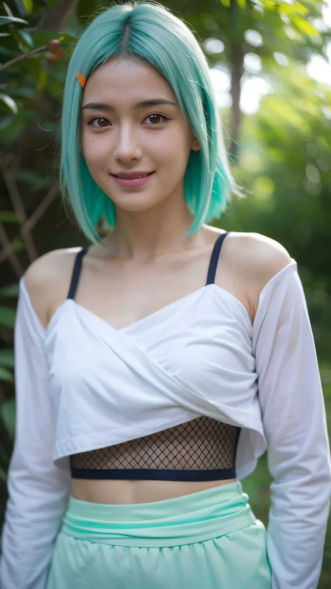 "A hyper-realistic portrait of Fu, the Seven-Tails Jinchuriki from Naruto Shippuden, imagined as if she existed in the real world. She has vibrant mint-green hair styled in a playful and unique way, golden-orange eyes full of energy, and a warm, charming smile. Her skin is smooth and healthy, with a youthful glow. She wears a modernized version of her ninja outfit with realistic textures—green mesh top, black shorts, and orange sash—enhanced with detailed stitching and tactical gear. The background features a soft natural forest scene, subtly glowing with chakra energy. Ultra-detailed facial features, cinematic lighting, 8K resolution, photorealism, perfect symmetry, realistic shadows, soft depth of field, expressive and lifelike."