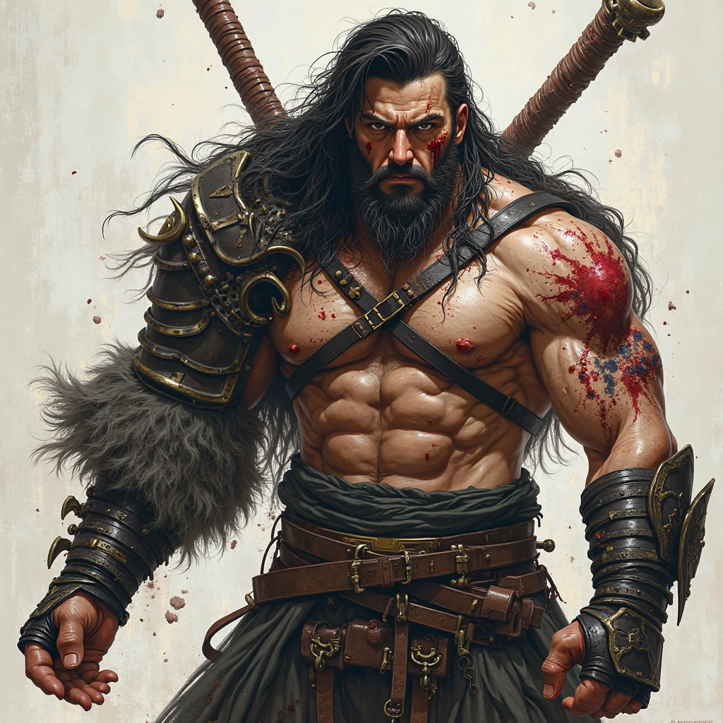 A 40ish man devotee of Warhammer chaos god Nurgle, (bedraggled, black hair, brown eyes, dirty and dingy, european features, dirty worn clothing, tabard with christian markings, obvious chaos tain assorted holy symbol necklaces dagger and mace on belt) walking a trail