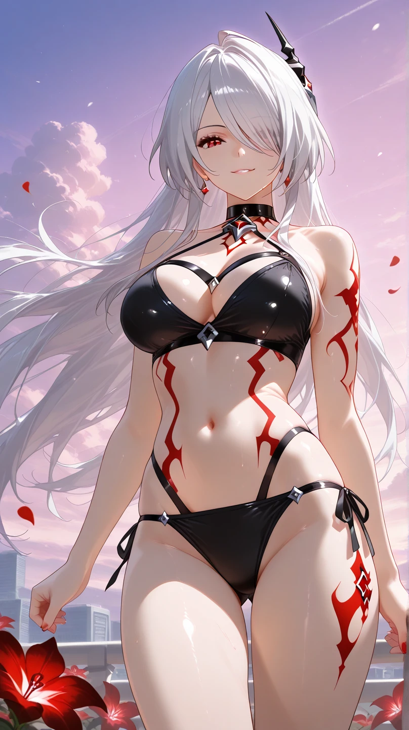 Long gray hair,blood red eyes,Necklace with cross,Wearing a black and white goth bikini,beach