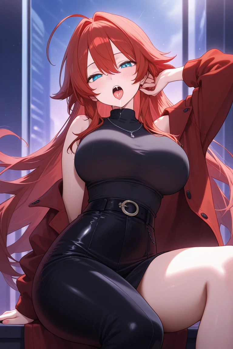 1girl, red hair, medium hair, bangs, one eye covered with hair, yellow eyes, black shirt, corset, no sleeves, black shorts, black, stockings open neckline, large breasts, random pose, smile, closed eyes