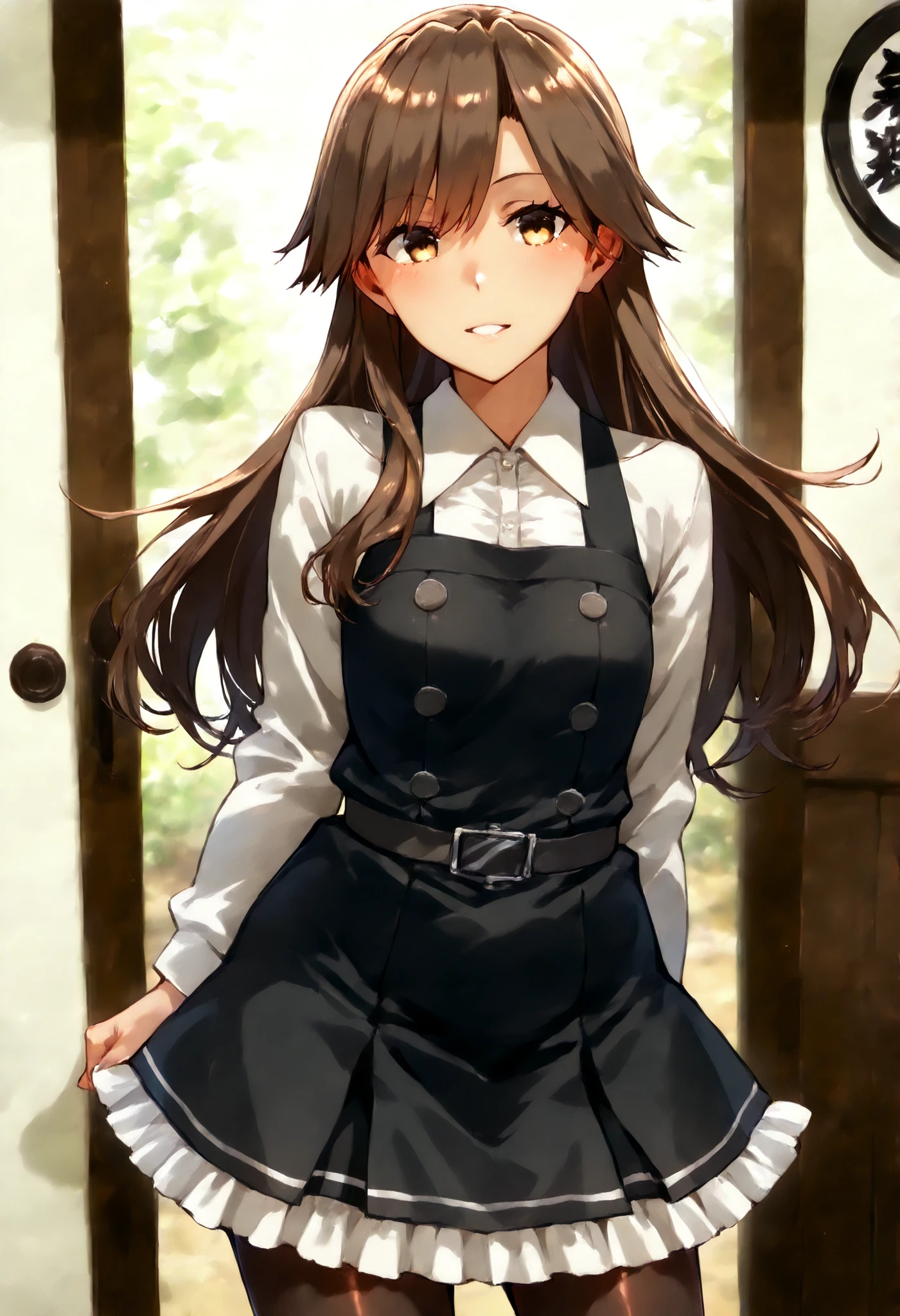 Arashio (KANCOLLE), arashioKC, long hair, pinafore dress, frilled dress, shirt, long sleeves, pantyhose,brown hair, side swept bangs, messy bangs,black dress, ,
スコア_9, スコア_8_Excellent, スコア_7_Excellent, ソース_أنيمي, break 1人の少女 , أنيمي style,
細身の体, 赤面, 厭らしい笑顔, つやつやの肌,
全身, 視聴者を見る, 一人で, , 子供部屋背景 ,