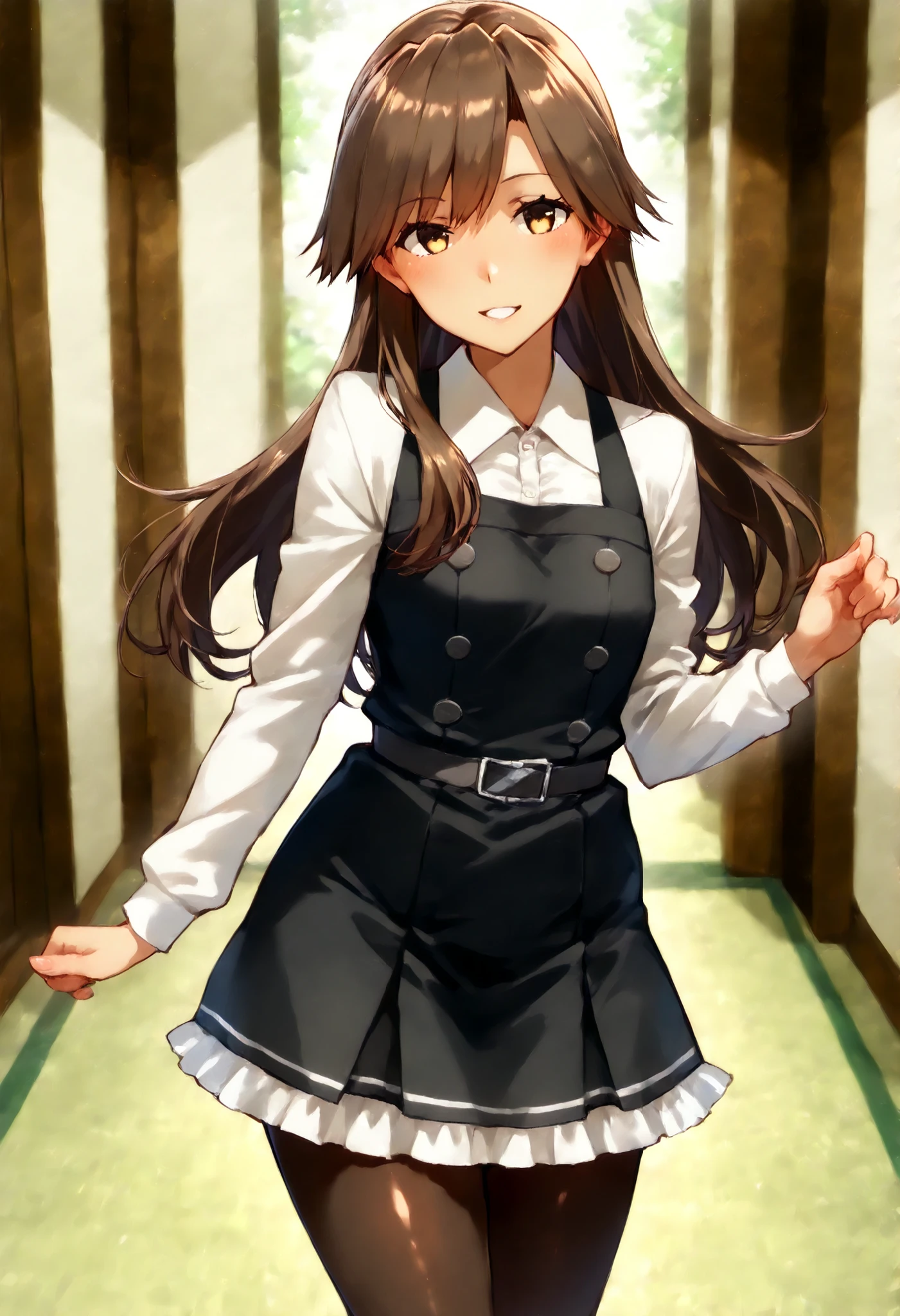 Arashio (KANCOLLE), arashioKC, long hair, pinafore dress, frilled dress, shirt, long sleeves, pantyhose,brown hair, side swept bangs, messy bangs,black dress, ,
スコア_9, スコア_8_Excellent, スコア_7_Excellent, ソース_أنيمي, break 1人の少女 , أنيمي style,
細身の体, 赤面, 厭らしい笑顔, つやつやの肌,
全身, 視聴者を見る, 一人で, , 子供部屋背景 ,