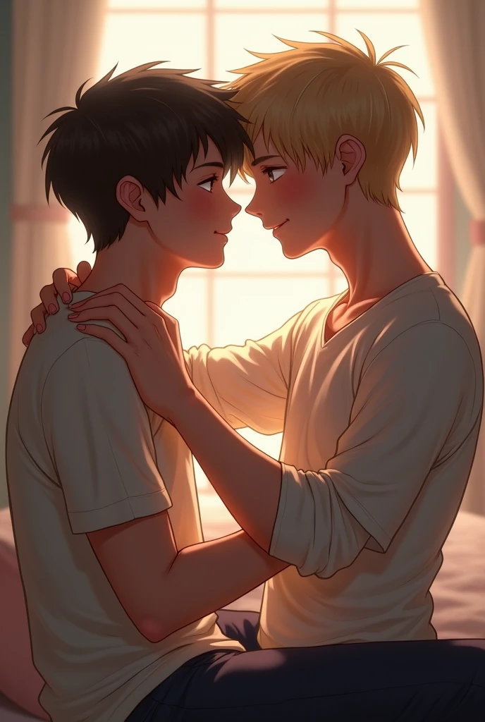 Draw two men thirteen years old,  French kissing  and hugging in white shirts. One of them with blonde hair with blue-green eyes, another one light brown hair with blue eyes. With background school. Make them the same height. 