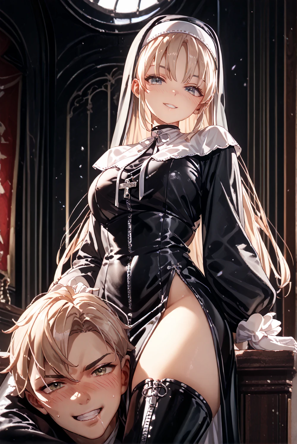 （（（highest quality、first-class、masterpiece、Normal body、8k、Detailed face、Ultra-precision、Normal hand、Normal finger、５Finger、Highest）））、２people、beautiful girl、Adele&Alisha、Relatives and friends、Adele（（Height: 163cm、Silver-haired semi-long、A warm smile、Easygoing、Healing、Ridiculous Costumes、No sleeve、High leg、White leotard、mini skirt、received、Collar with leash、Iron Collar、slave、On all fours））、Alisha（（Height: 155cm、Long blonde、cool、Calm、Smile、Sexy Costumes、See-through、Black mesh top、Black spats、Shorts、attack、Pulling on the collar lead、Dominator））、Lesbian、slave&Master