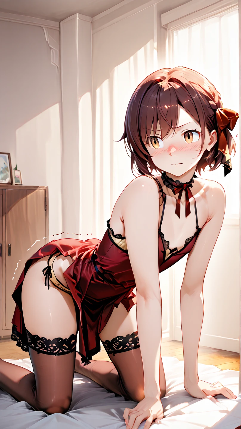 1 Girl, Small Breasts, Green Eyes, Heart Eyes, Deep Red Hair, Short Hair Style, Pale White Skin, Smooth Skin, Face Freckles, Slutty, Sexy, Sassy, Smirking, Tease, Teasing, Teasing, Sexy Pose, Young Girl, Cute Pink Dress, Has a idea well bending over, cameltoe, black lingerie panties , pubic hair