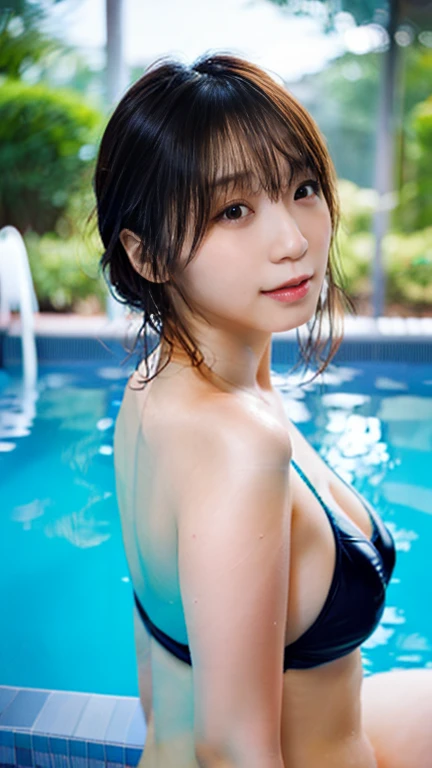 Best Quality, 超A high resolution, (Photorealistic:1.4), Raw photo, (), (Bokeh:1.5), ((Being in the pool、full body seen、Female Panther Pose、all-fours、Hands on the ground、posterior view、 focus)), (in a suite:1.6)1日本人の女の子, Beautiful, (Solo:1.6), (Shy smile), (Brown eyes), Smooth skin, (Brown ponytail,Bangs),(Colossal titslicacy, (touch hair:1.4),(The bikini、NSFW、Wet、Sit by the pool),