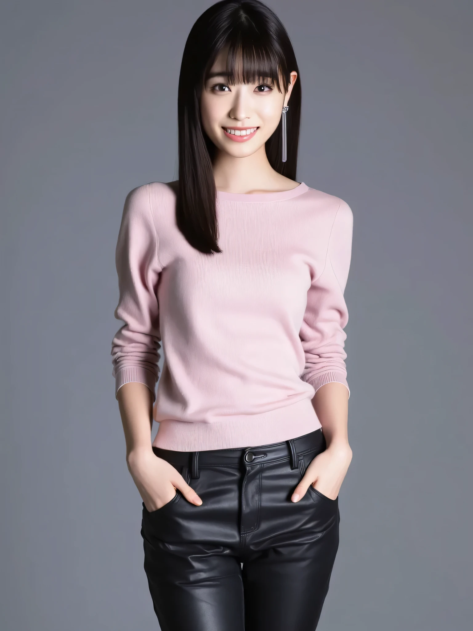 Full body image, full body shot, a Japanese cutie girl, 20 years old, (The angle is horizontal), wearing light pink shirt, ((wearing Black skinny leather pants)) , black long hair, smiling, detailed writing, Female Best Image Quality、 super high resolution、( realism:1.4)、 sexy makeup 、 A body that makes you want to touch it 、Realistic Leather Texture 、 Clothes made of smooth leather fabric 、 Curved leather drape 、The costume has a strong shine, Quality of the costume、8K High Resolution