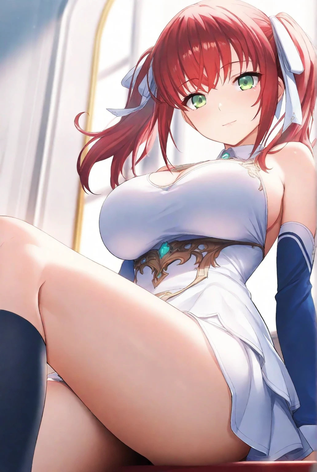 pyra (xenoblade), maid outfit, skirt, black thigh highs, shy look, ((best quality)), ((masterpiece)), (detailed), HDR, perfect face, ((nsfw)), ((tall cat ears)), ear fluff, built, collar, ((skirt lift)), ((lewd look)), 1girl, bedroom background,