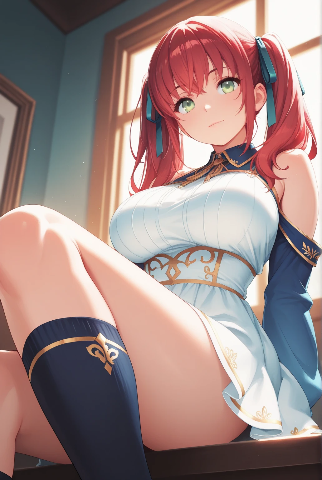 Anime Waifu beautiful detailed eyes, beautiful detailed lips, extremely detailed eyes and face, longeyelashes, 1girl, sensuous, young woman, medium breasts, beautiful feminine face, nice thighs, slim, sexly, erotic, beautiful clothes, perfect body, cinematic lighting and framing, (best quality,4K,8k,highres,masterpiece:1.2),ultra-detailed,digital painting,portrait,glamorous,highly detailed,soft lighting,warm color tones better, hatsune miku, , Giant tits, giant ass, very curvy, Strawberry blonde with curly bangs, pastel pink eyes, fleshy lips, seducer, soft smiling, white flowing dress with long puffy sleeves, elf ears, crown of flowers, thick-thighs, Curvy physique