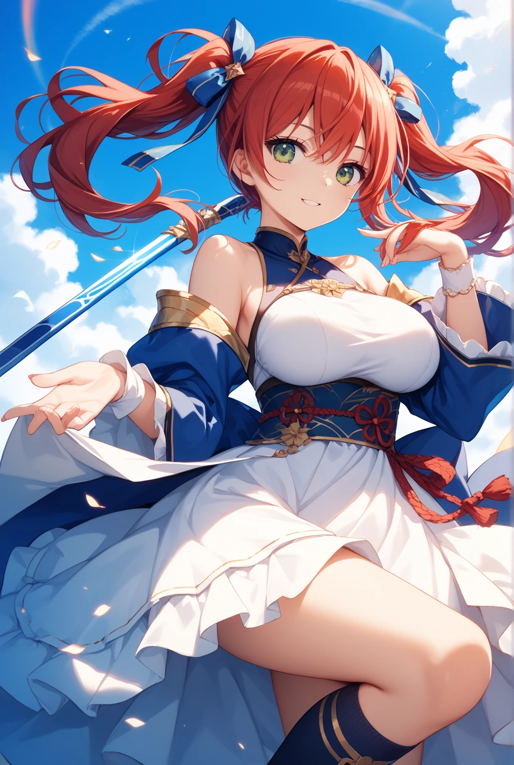 4K,High resolution,One Woman,Red Hair,long hair,Braid,Blue Eyes,Big Breasts,samurai,White sacred armor,Sideboob,White boots,Black fishnet stockings,hair band,Jewelry decoration,Gold decoration,Japanese sword,Medieval castle town,In front of the castle,Morning sky