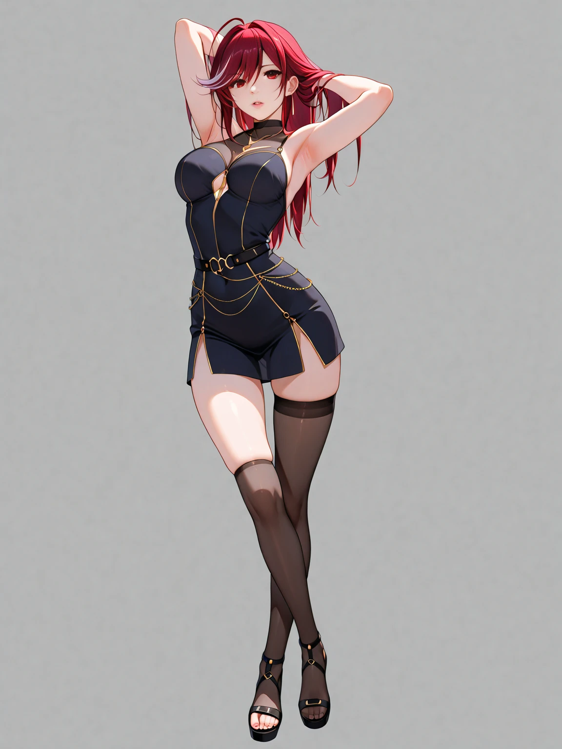 ((Highest quality)), ((masterpiece)), (detailed), prison, One girl, Off-the-shoulder sweater, femdom, dominatrix, black bustier, black stockings, black thong, black high heels, black garter belt, black elbow gloves, strap on,