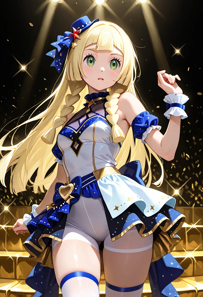 a beautiful 20 year old blonde woman with big messy hair in a blue dress, white stockings, black headband, cleavage, holding a glowing mushroom, fantasy art style, rossdraws cartoon vibrant, alice x. zhang, alice in wonderland cyberpunk, cute detailed digital art, colorfull digital fantasy art, digital fantasy art ), glossy digital painting, rossdraws pastel vibrant, rossdraws 2. 5, rossdraws 1. 0