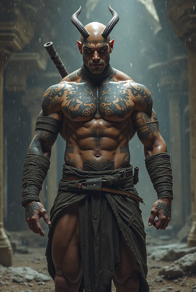 Ancient Thai soldier takes off his shirt and stands holding a pair of swords.