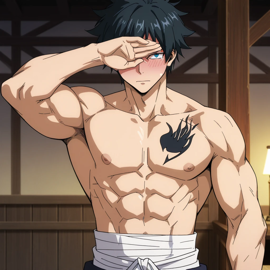 He is a 17 year old teenager, He has slightly disheveled very black hair..., somewhat light green eyes, (front angle ) , (all body), disgusted face , muscular body , He is dressed in the anime shorts. "my hero academia", without the shirt, just with boxer shorts, (emphasis on the shorts), in a bedroom, 8k, high quality, masterpiece, , cinematic, vivid colors