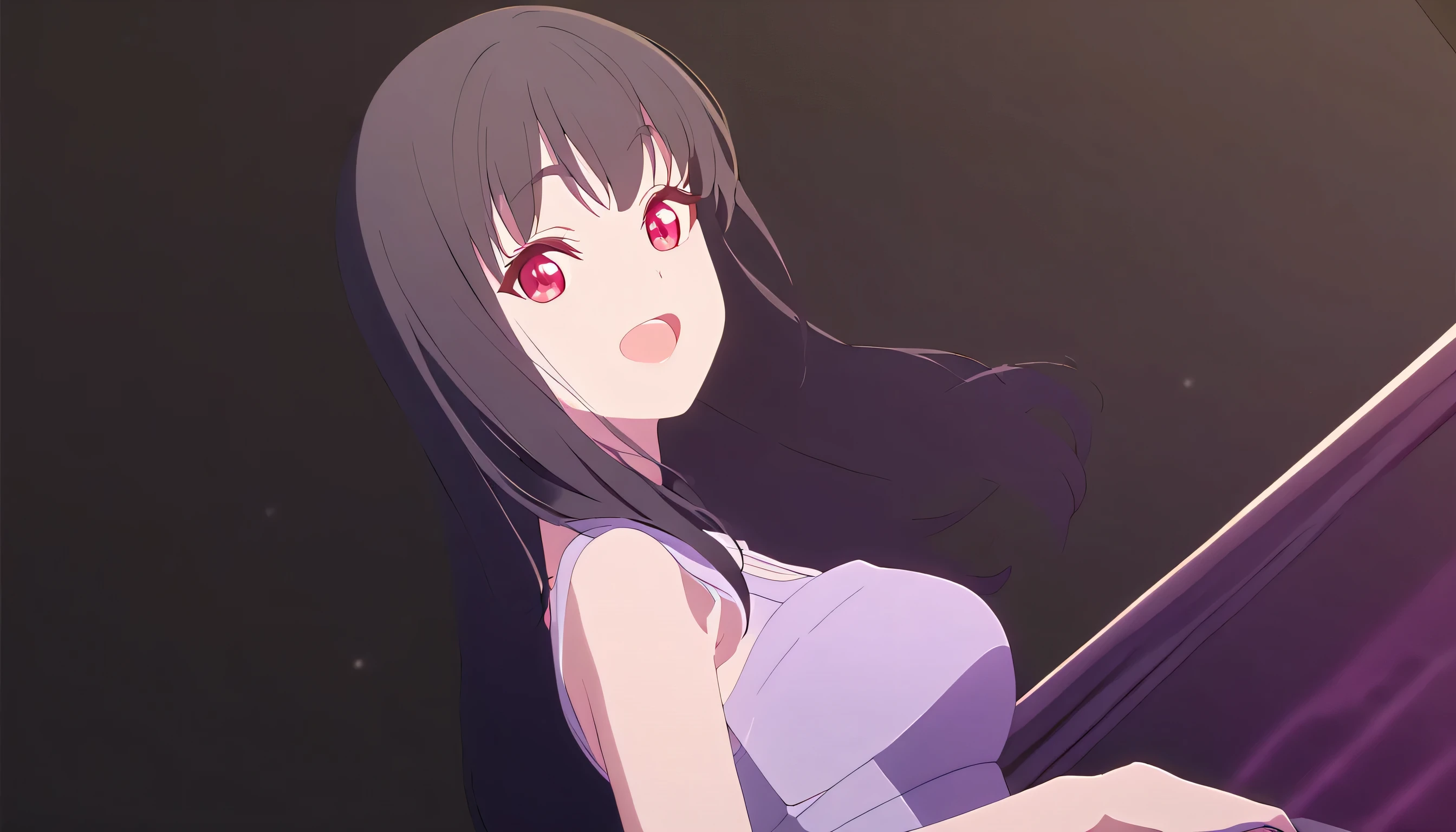 masterpiece, best quality, solo, 1girl, mature, black hair, medium to long hair, pinkish red eye, medium breast, light lavender gown, standing, looking at viewer, wide smile, cheerful, curious gaze, minimal light, black background only, close up