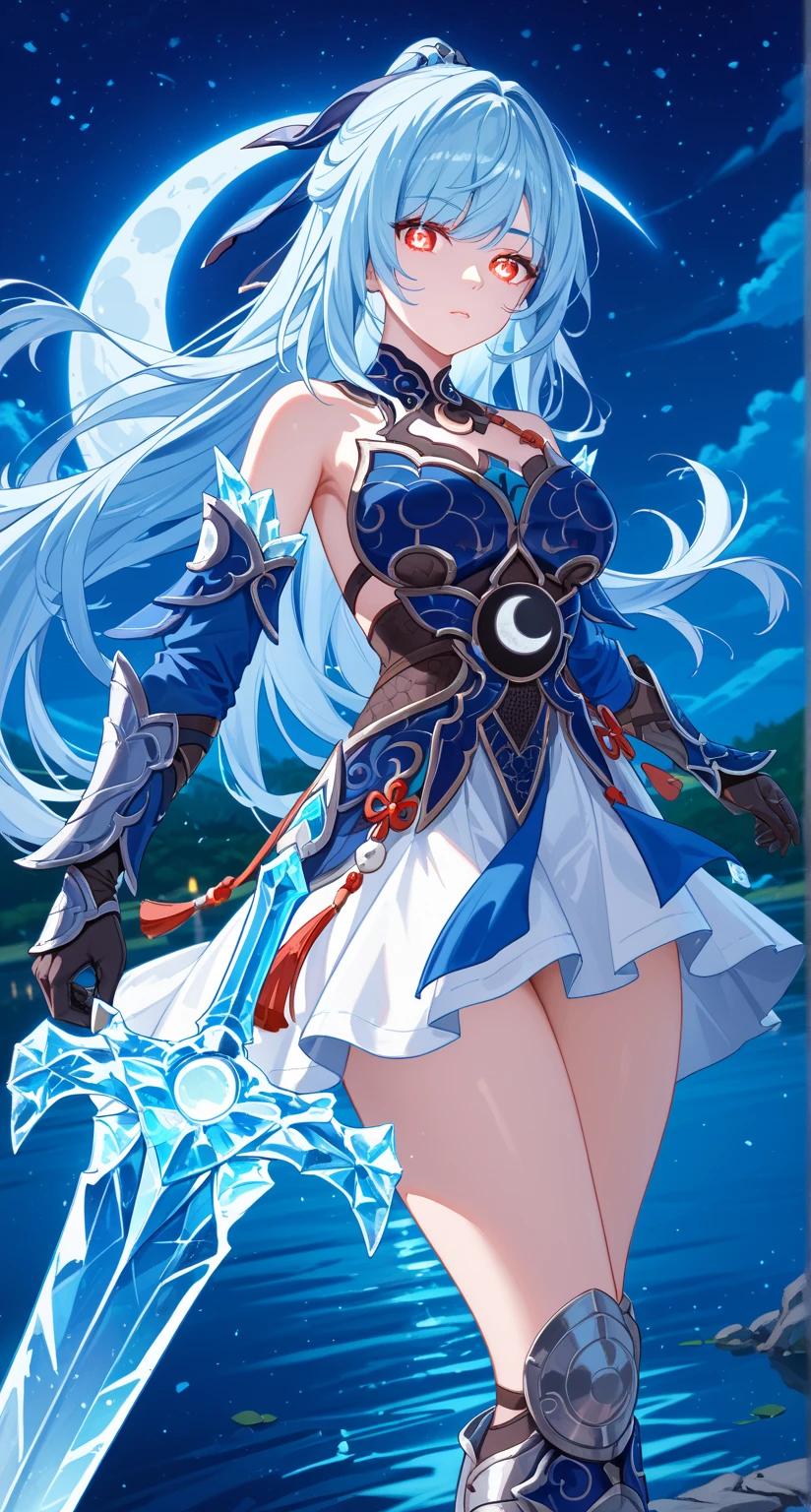 nsfw,Jingliu,glass cover,side shot,alternate color,masterpiece,detailed illustration,lifelike,{{{1Jingliu}}},shiny beautiful woman,cinematic lighting,dynamic angle,dynamic pose,depth of field,looking at viewer,1girl,red eyes,glowing eyes,bright pupils,blue armored dress,white skirt,tassels,hair ribbon,black gloves,blue sleeves,armored boots,light blue skirt,lake,dark,night,dark night,darknight sky,crescent moon,ice sword,expressionless,standing,open legs,from below,thigh focus