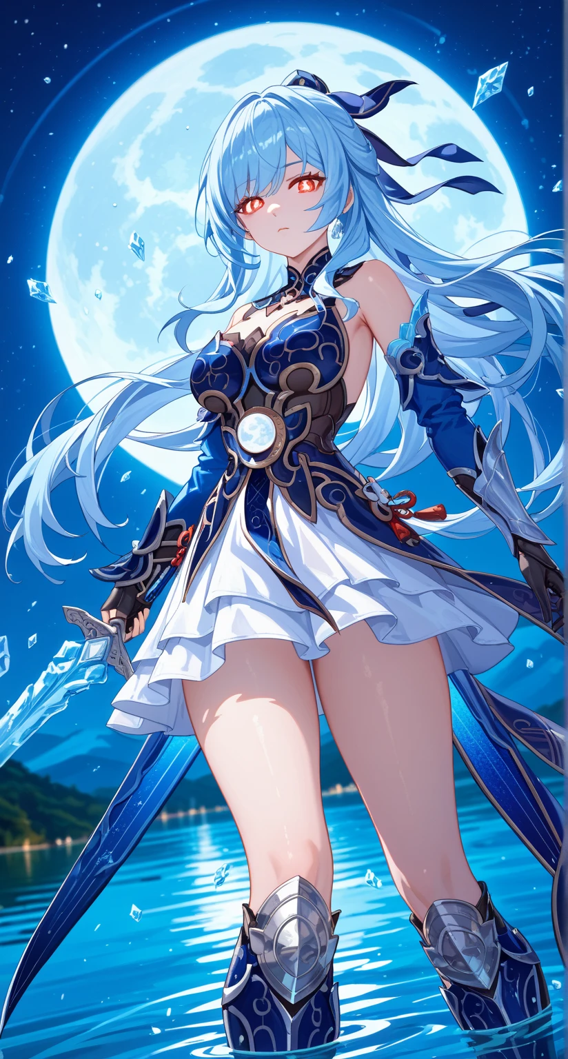 nsfw,Jingliu,glass cover,front shot,alternate color,masterpiece,detailed illustration,lifelike,{{{1Jingliu}}},shiny beautiful woman,cinematic lighting,dynamic angle,dynamic pose,depth of field,looking at viewer,1girl,red eyes,glowing eyes,bright pupils,blue armored dress,white skirt,tassels,hair ribbon,black gloves,blue sleeves,armored boots,light blue skirt,lake,dark,night,dark night,darknight sky,full moon,ice sword,expressionless,standing,open legs,from below,thigh focus