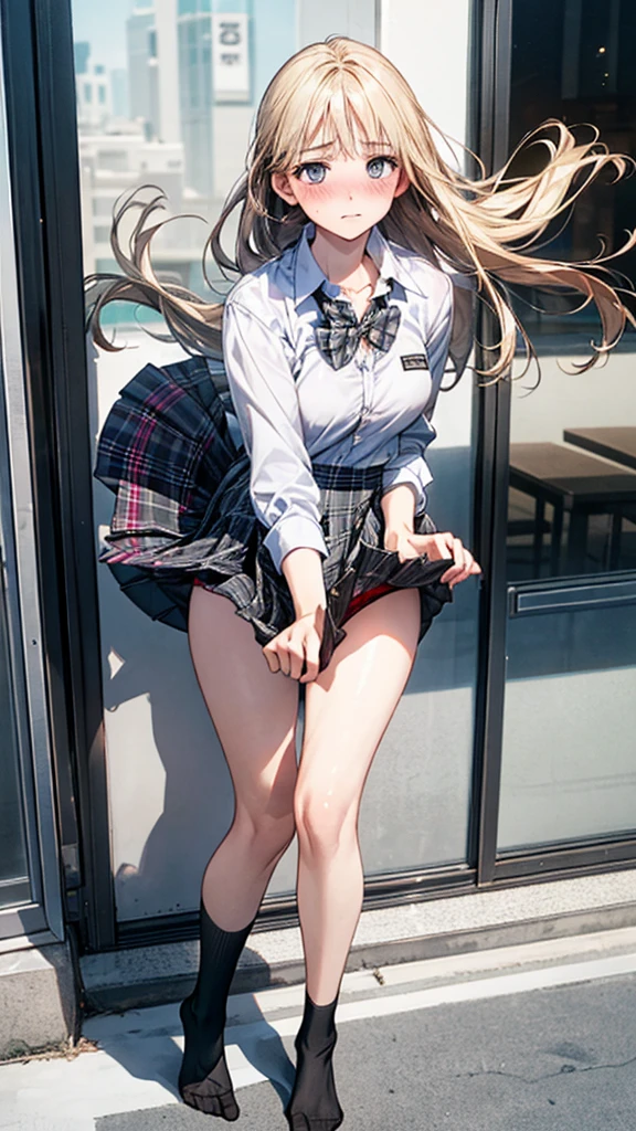 (Masterpiece:1.3、highest quality、Ultra-high resolution、Super detailed)、(Real:1.1、Photorealistic:1.4)、Beautiful illustrations、Perfect lighting、colorful、Border Depth、Beautiful hair in every detail、Beautiful face in every detail、Beautiful definition details、Beautiful clavicle、Beautiful body、Beautiful breasts、Beautiful thighs、Beautiful legs、Beautiful fingers、Show Viewer、1 girl、Japanese、high school girl、Perfect Face、(Perfect Anatomy、Anatomically correct)、Cute and symmetrical face、Baby face、Skin radiance、(Camel Toe:1.5、Shaved:1.2)、Blonde、Asymmetrical Bangs、blue eyes、Long eyelashes、(Chest)、Skinny、(Pull up your skirt、Not wearing underwear、No underwear:2、No bra:1.5)、((Collared short-sleeved shirt、White shirt、White panties、)Grey plaid pleated skirt、There is nothing attached under the skirt))、(Beautiful views)、evening、(Outdoor、distant cityscape)、Are standing、(She's pulling up her skirt herself:2)、(Cute smile、Blushing、Looking up、Open your mouth)、 (Opening a girl's pussy:1.3)、hour々squat:1.2、Stick your fingers in your:1.2、