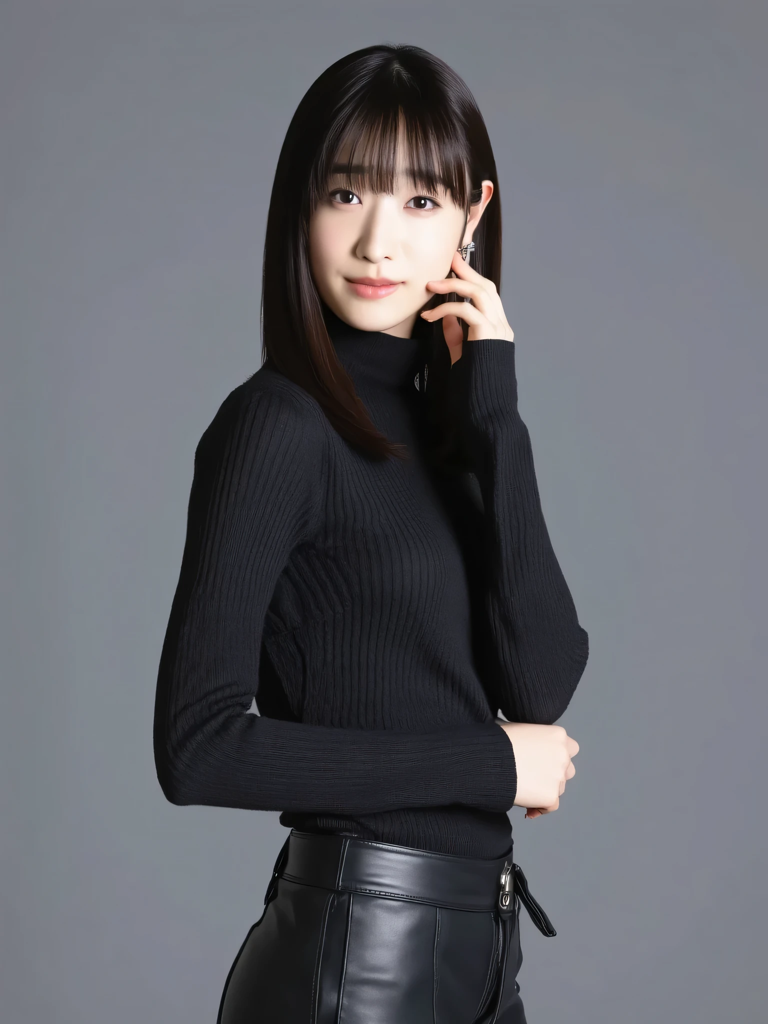 Full body image, full body shot, a Japanese cutie girl, 20 years old, (The angle is horizontal), wearing black turtleneck shirt, ((wearing Black skinny leather pants)) , black long hair, smiling, detailed writing, Female Best Image Quality、 super high resolution、( realism:1.4)、 sexy makeup 、 A body that makes you want to touch it 、Realistic Leather Texture 、 Clothes made of smooth leather fabric 、 Curved leather drape 、The costume has a strong shine, Quality of the costume、8K High Resolution