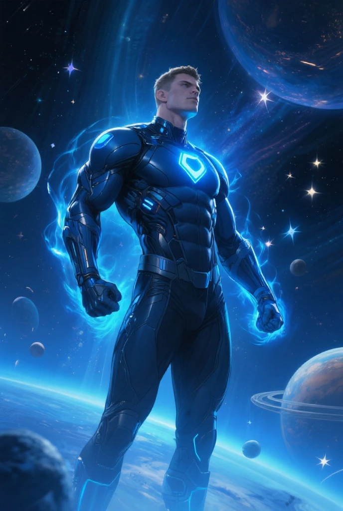 (masterpiece, high resolution, detailed:1.3), a mesmerizing depiction of a (strikingly handsome young man:1.2) donning (wearing transparent see-through futuristic clothes, bulge:1.2), LED internal lighting, cyberpunk style, fibre optic hair, glowing blue iris, muscular, standing against the backdrop of the vast and mysterious cosmos, breathtaking grandeur, best quality, masterpiece, His (toned physique:1.5) is bathed in the soft glow of distant stars, creating an otherworldly aura. As he gazes out into the depths of space, his (intense blue eyes:1.2) reflect the wonder and curiosity of his cosmic journey. The intricate details of his attire and the (subtle gleam:1.2) on his skin are meticulously captured, lending an air of realism to the scene. The celestial expanse behind him is a tapestry of (nebulous formations:1.2), (dazzling galaxies:1.2), and (shooting stars:1.2), a breathtaking testament to the beauty of the universe. This artwork melds the allure of a beautiful man with the awe-inspiring vastness of space, evoking a sense of both intimacy and grandeur.