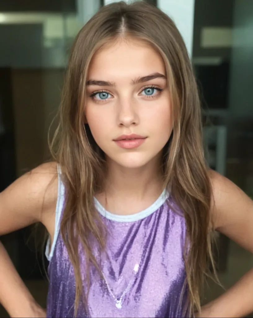 Girl blonde hair. Oval face. Small and proportional nose with a smooth straight profile with symmetry and naturalness. Large, expressive eyes with a vibrant green color with a penetrating look with long, defined eyelashes. Full and well-defined lips with marked cupid curves of moderate size and symmetrical. nose, eyes, lips and ears are balanced and complement the oval shape of the face, symmetrical with each other, healthy and well-groomed skin, as well as shiny and well-groomed hair. (((Life Real))). ((petite)), ((smal)), A panoramic photo whole body shows her sitting in front of a colorful, abstract background, wearing a striking, colorful dress in the style of abstract expressionism. Her dress is made up of geometric shapes in striking colors of yellow, red, blue and black.