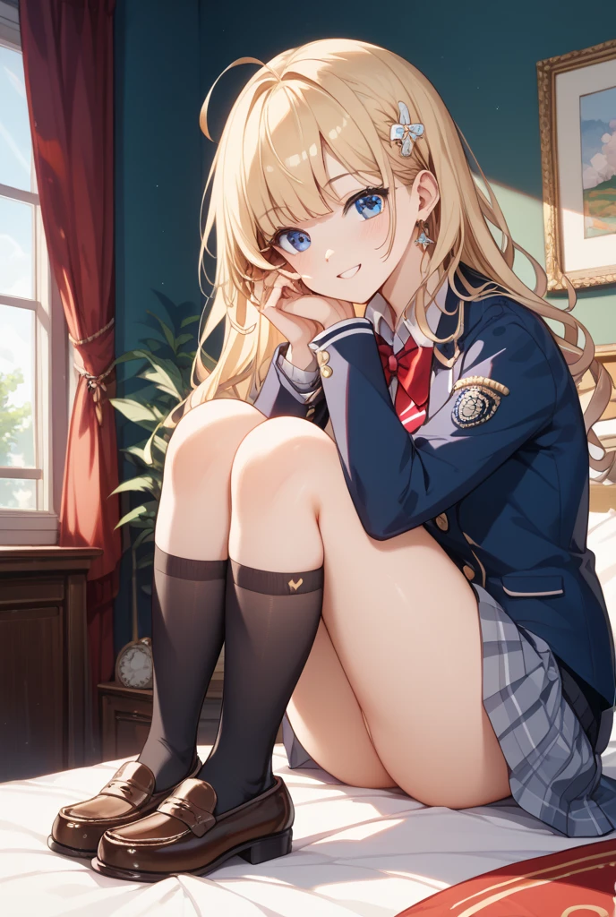 nswf,Arisburg, Alice Zusberg, bangs, blue eyes, Blonde, Hair between the eyes, Very long hair, Braiding, hair band, 白いhair band,((Blazer and Checkered Pleated chool uniform)) Cute girl with undisputed body、[3D Images:1.25],[[Attractive eyes,Detailed eyes、Colorful eyes、Shining Eyes:1.25]]、 highest quality, High resolution, Unity 8K Wallpaper, (figure:0.8), (Beautiful fine details:1.16), Highly detailed face、Dress appropriately, Beautiful fingers、 Elegant,Ultra-precision、[[3D Images]]、[[High quality anime girl with brown hair and brown eyes]]、(((頭からつま先までの構figure)))、(Black knee-high socks)、(loafers)、((skirt lift:1.3))、(((White panties are visible)))、((open legs:1.5))、(((Raise both knees:1.4)))、((((Squatting pose))))、blush、(((Sitting)))、((((Normal position):1.5)))、((Detailed depiction of the crotch))、((Spread your legs wide))