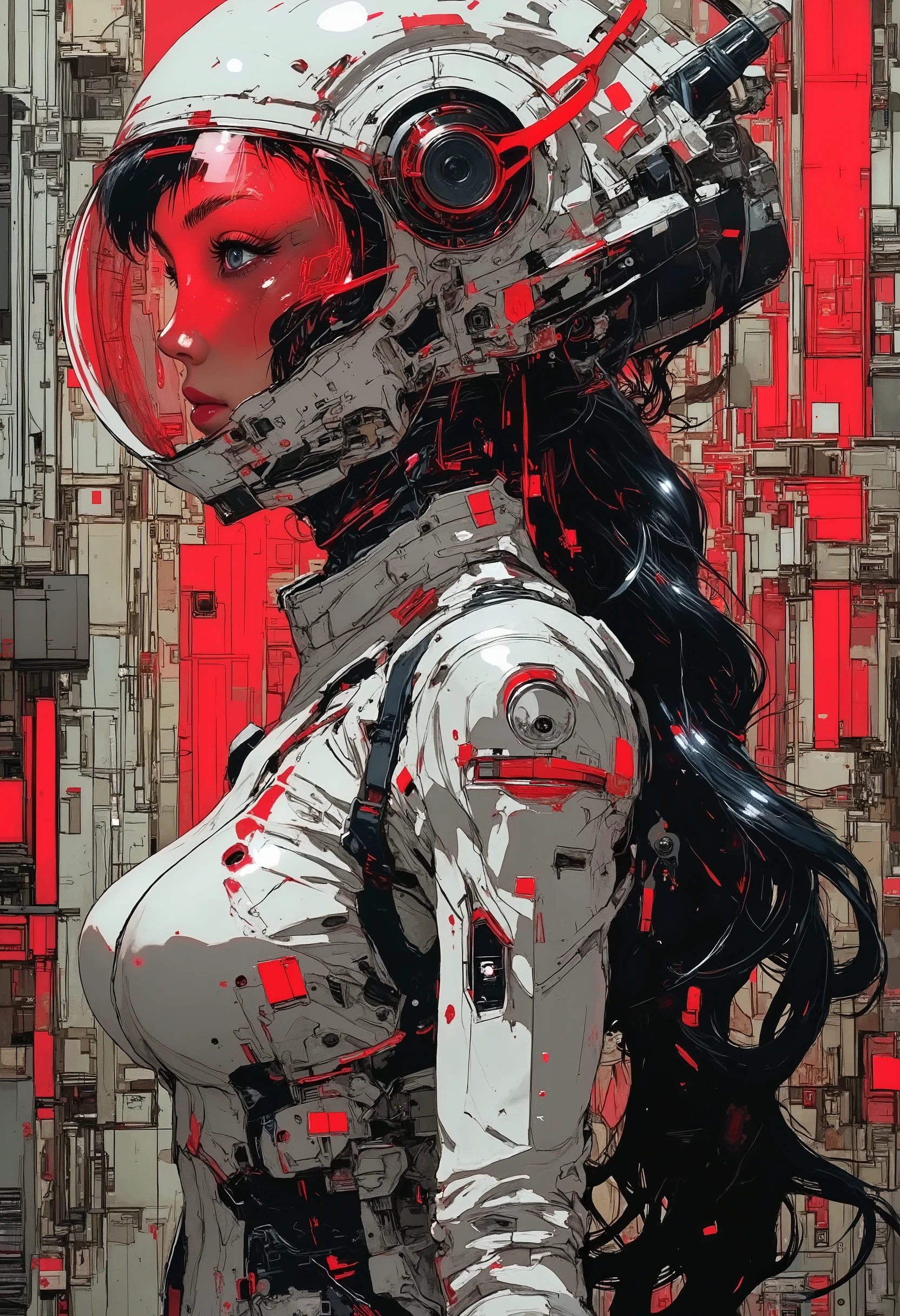 nistyle , Silhouette Art, magnificent, closeup portrait of asian female cyberpunk samurai, helmet with mirrored visor, hyperdetailed helmet, flowing black hair, reflective white and neon red armor, a katana strapped to her back, abstract background suggesting eastern temple