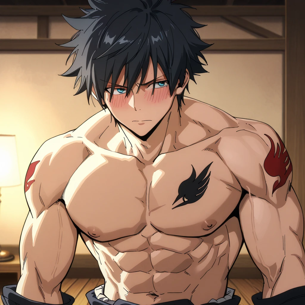 (best quality), (masterpiece), 1080p, hd, 4k, 8k, pretty face, beautiful, pretty hands, incredible, beautiful eyes, death stare, scary eyes, scary looking, hot, cold stare, cold eyes, leaning to the door frame, smirking, boy, blue hair, gray fullbuster, gray, fairy tail gray, gray fullbuster from fairy tail,