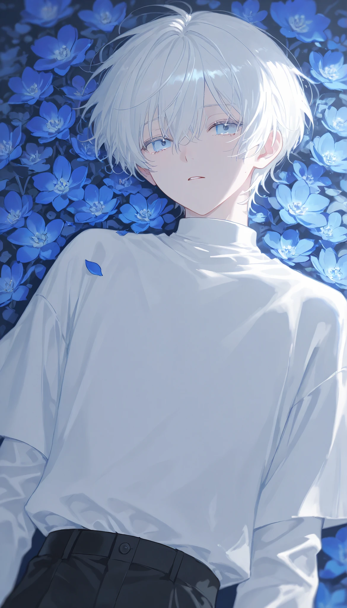 (1 boy with white hair short cut:1.4),Blue flowers lie in many coffins、 white shirt、black pants、moonlight、tears