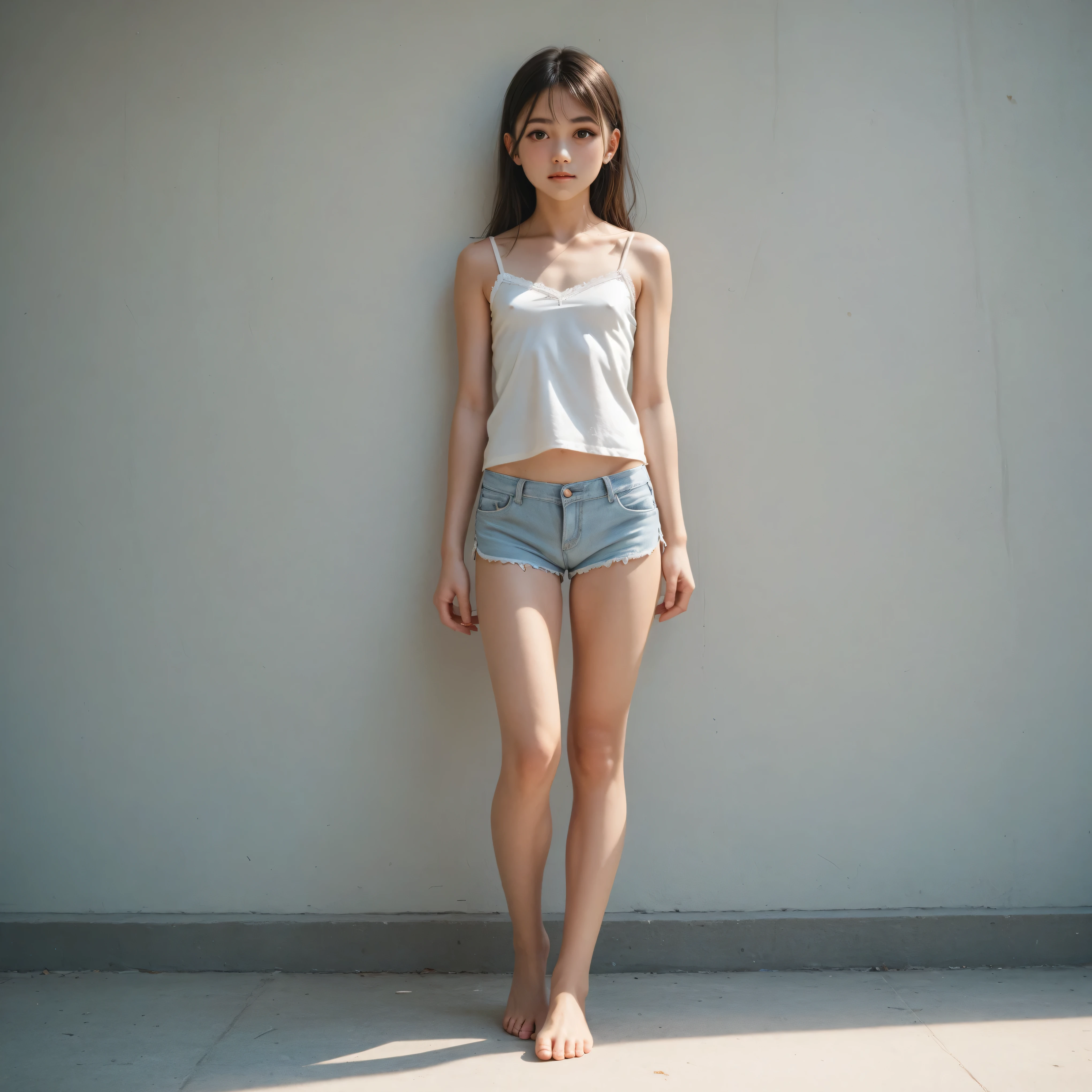Real Live Action、8K high resolution、The most beautiful girl in school 、bust size B-78 small breasts、white camisole underwear、Lower the panty shorts underwear to the knee、full body view