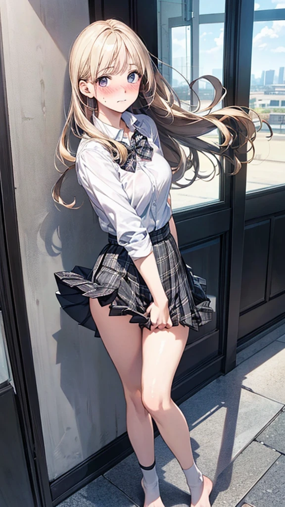 (masterpiece:1.2, top-quality), (realistic, photorealistic:1.4), beautiful illustration, (natural side lighting, movie lighting), , 
(looking at viewer), 1 girl, japanese, high school girl, perfect face, cute and symmetrical face, shiny skin, , 
(long hair:1.2, half updo:1.4, blond hair), blunt bangs, gold eyes, drooping eyes, long eye lasher, (large breasts:0.6), ((barelegs)), 
beautiful hair, beautiful face, beautiful detailed eyes, beautiful clavicle, beautiful body, beautiful chest, beautiful thighs, beautiful legs, 
((white collared shirts, grey pleated skirt, black socks, red plaid bow tie), pink panty), 
(beautiful scenery), day time, school rooftop, (facing the front), (impatient expression, blushing cheeks, embarassed expression), (((skirt tug, wind lift))), 