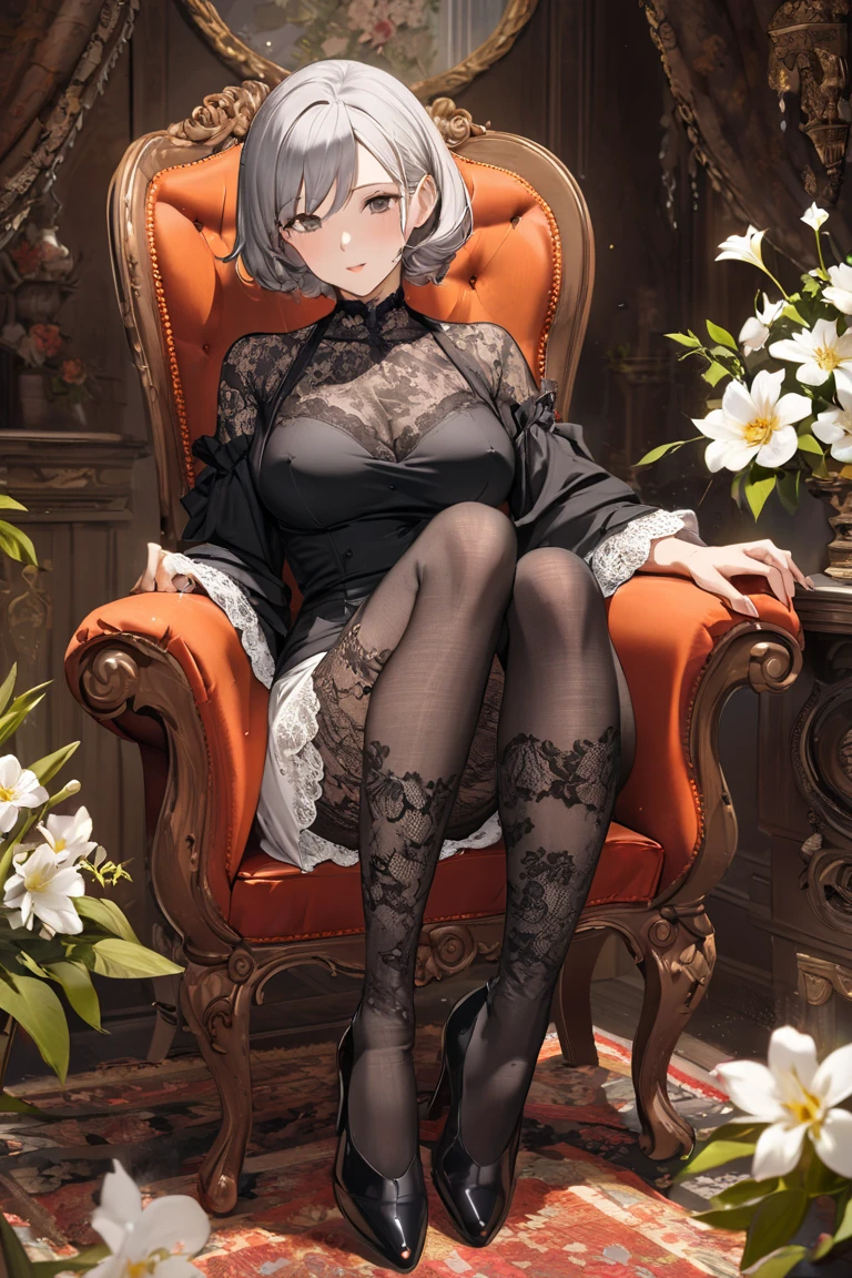 (((masterpiece))), ((ground Level Shot)), (((full body shot))), (((1 woman))), (((sitting in a simple wooden chair))), (((black pumps))), (((stiletto))), (black ankle strap), (((white stockings))), (((cross-legged))), (((hourglass figure))), (curvy), (huge breasts), (((maid uniform))), (((white elbow-length gloves))), (mouth closed), (((highly detailed face))), (((highly detailed mouth))), (((highly detailed eyes))), green eyes, short black hair in a bob hairstyle