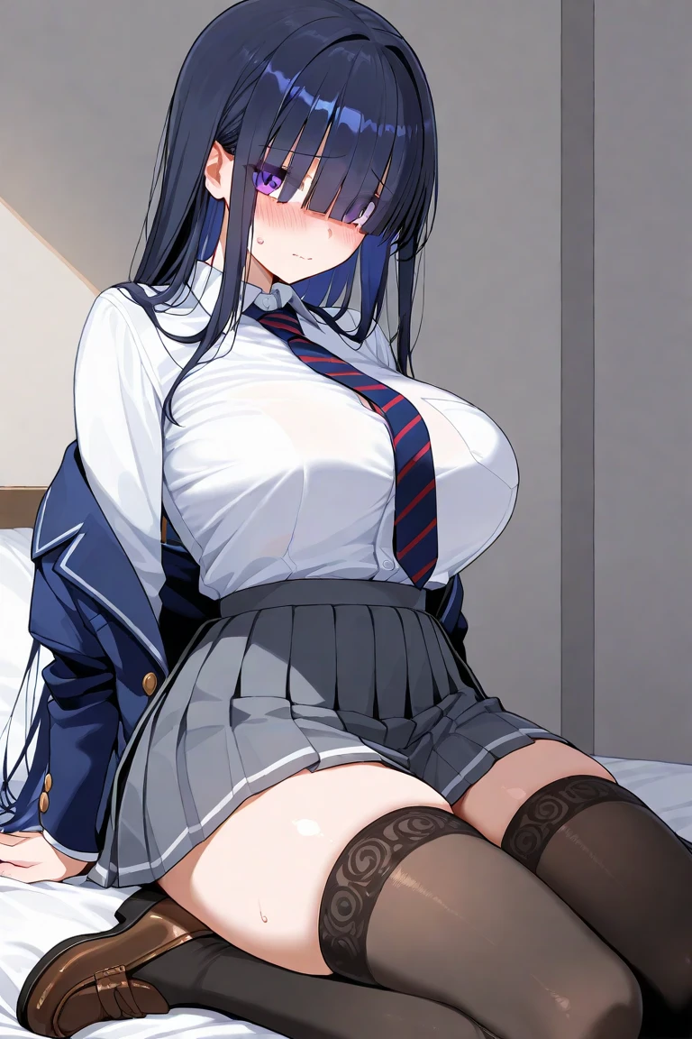 (8k, Highest quality, masterpiece:1.2),\(Narrow eyes),(\(Garment Details\)\),Cowboy Shot,(Huge breasts) ,Very detailedなCG Unity 8k 巨大なファイルサイズ,Very detailed,High resolution,Absurd,Beautiful Eyes,Ray Tracing,Dramatic Shadows,finely,Hyper Detail,(1 girl:1.3),(alone)、(Black Hair),((Long twin tails))、((School uniform、Latex blazer))、blush、Sweat、Thick thighs、hot、((Haa))、((Simple Background))、Wide Hips、sexy、A little plump、((A little plump body))、With pride、(Look forward)、((Haa、Sigh))、((Stand up straight))、((((Face forward and spread your legs wide))))、(((Squat))),((Cowboy Shot))、とてもSweat、((Knee-high socks))、((Keep your hands above your head))