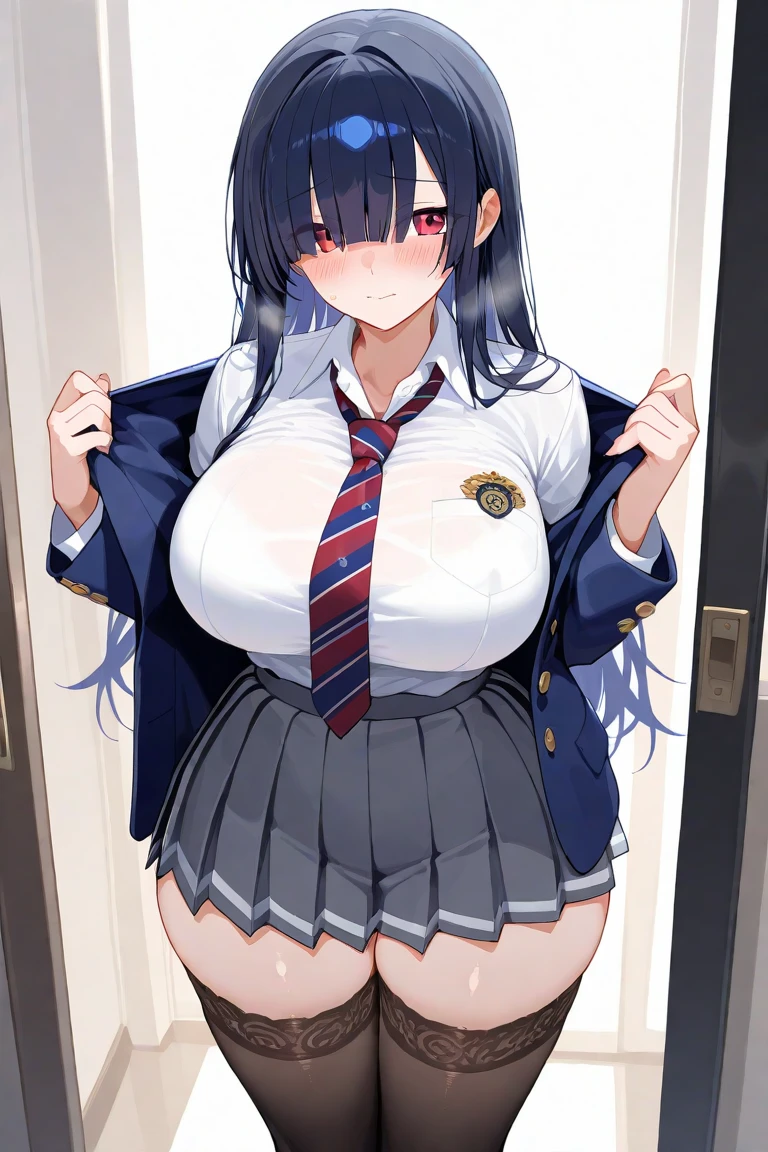 1girl, ((school uniform)), mature female, tall female, dark blue hair, black hair, long hair, wavy mouth, blue eyes, shy, timid, huge breasts, thick thighs, pantyhose, arms behind back, white skirt, skirt, red necktie, necktie, black jacket, pleated skirt, red glasses, glasses, ((black jacket)), jacket