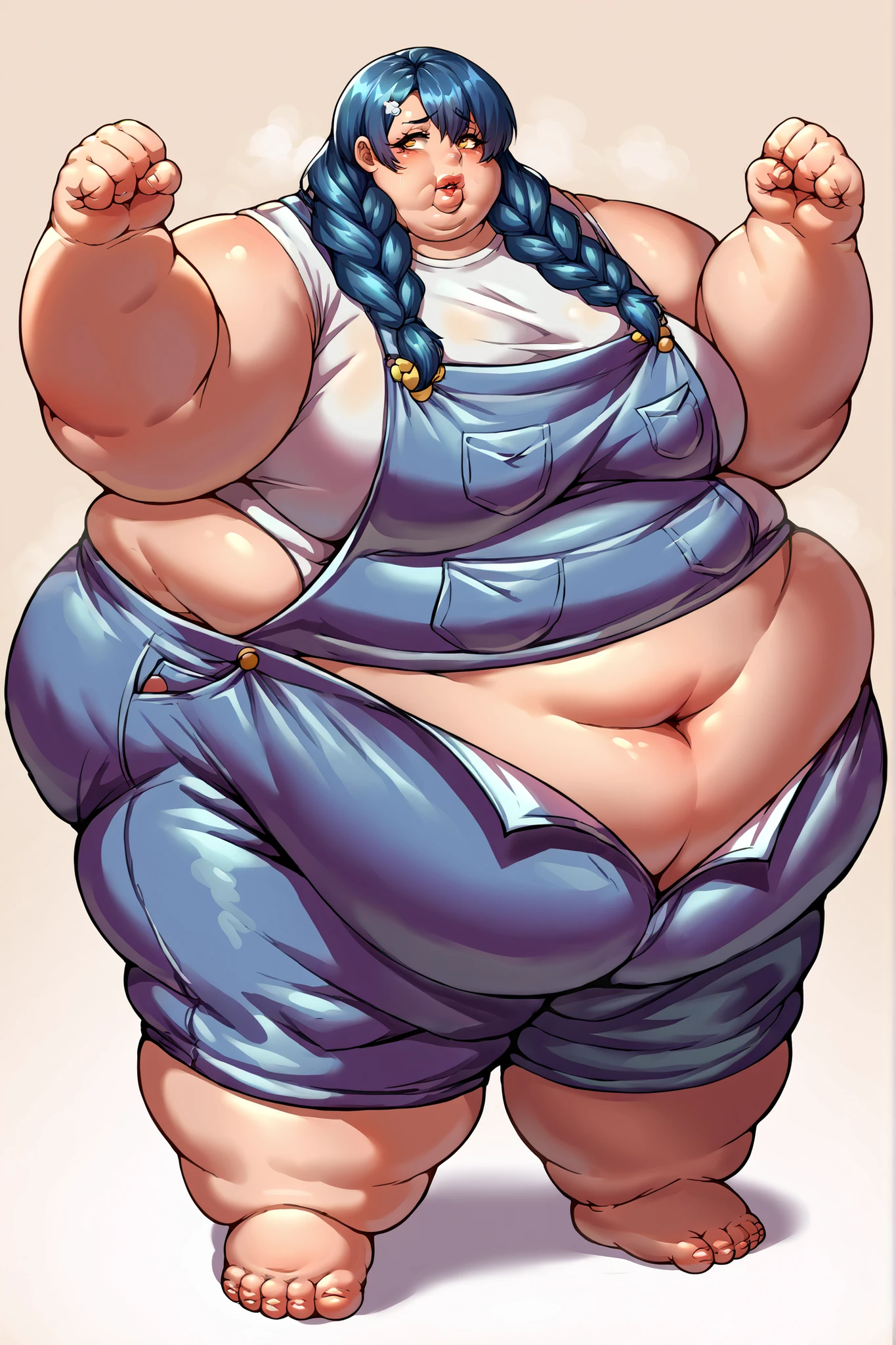 art by kipteitei, 1girl, Jolyne, (best quality, masterpiece), Overalls, chubby, huge breasts, hands on belly, POV