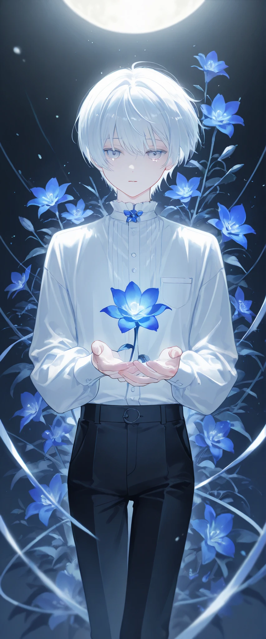 (1 boy with white hair short cut:1.4),Blue flowers lie in many coffins、 white shirt、black pants、moonlight、tears