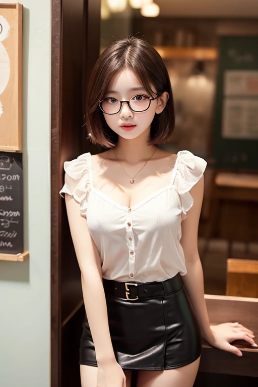 (masutepiece, Best Quality, Capture super cute moments, depth of fields, ultra-detailliert, Ultra High Resolution, C4D, Octadale, 3D Modeling, 8K, 16 K, one girls、a junior high school student、A dark-haired、short-hair、straight haired、Light brown eyes,hair adornments、wearing black glasses、A smile)、Slender body、small tits、Officelady、Blouse、tight skirts
