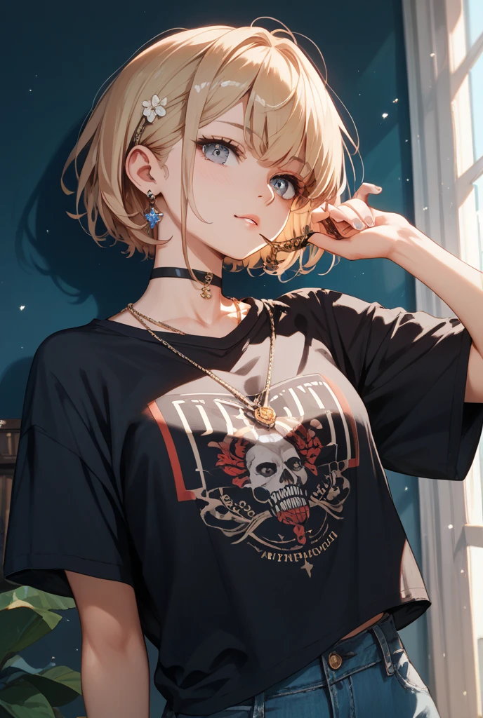 ((Masterpiece)), ((best quality)), ((wide shot)), (super detail:1.2), (High Definition:1.3), ((extremely detailed)), (8K), (Professional Photography:1.2), (very aesthetic:1.2), (absurdres:1.2), perfect anatomy, intricate details, (sharp focus), (perfect light), (drop shadow), ((1girl)), ((cute teenage girl)), naughty smile, hand up, (platinum-gold hair), (Girl with short hair in twin low pigtails), each braid tied at the ends, resting just above her shoulders. The style is simple yet elegant, with a modern twist, (wearing Punk rock t-shirts), Slim T-shirts, Clothing printed with Death Metal band logo, (tattered show pants), Margaret Flowers, ((on the beautiful Margaret Flowers hills)), (cute cheeks), glossy lips, pouty lips, bags under the eyes, (lower eyelashes), (detailed background:1.2), spooky atmosphere, newest,clear line,