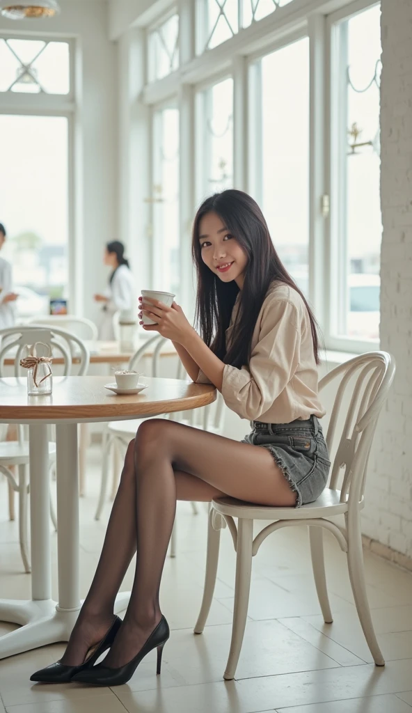 a japanese beautiful woman, 25 years old, 8k, super detail, best quality, masterpiece, (photorealistic:1.4), Sitting in a coffee shop drinking coffee, (full body:1.5), first-person view,
