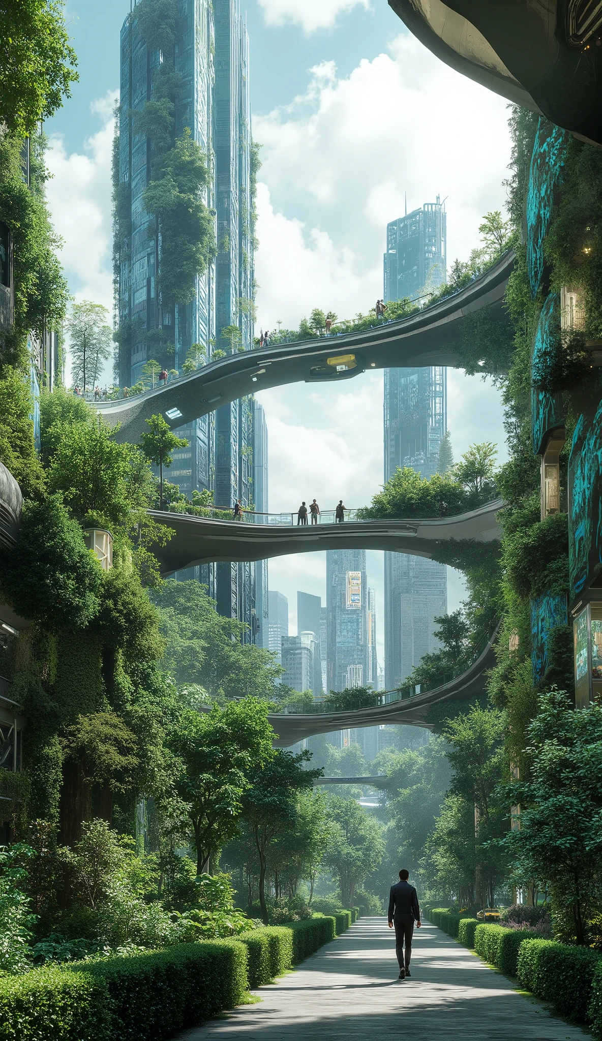 #### **2. Futuristic Nature-City (Neo-Eden)**
- **Vertical Forests**: Skyscrapers with terraced greenery, air-purifying algae windows, and rooftop farms.
- **Floating Eco-Districts**: Artificial islands with biodomes housing wildlife reserves and renewable energy hubs.
- **Smart Canopy Walkways**: Pedestrian paths suspended between buildings, lined with holographic nature guides.