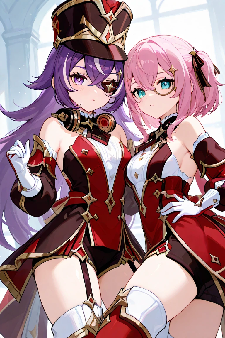 Detailed illustration, POV stile, twins noble little girls succubus, in expensive succubus dress without sleeves, in long gloves, stand in ball hall, fantasy, portrait
