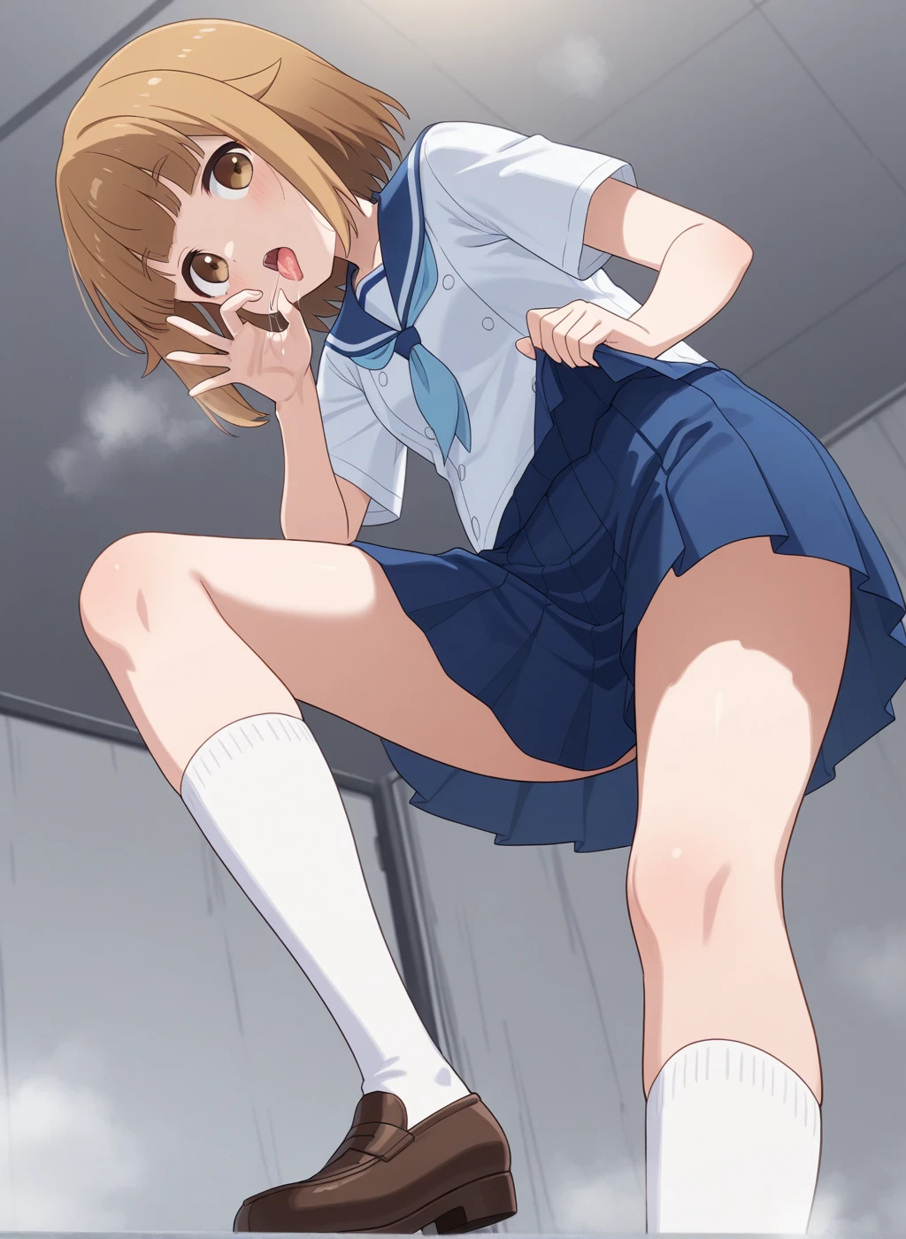 (((perfect anatomy, anatomically correct, super detailed skin))), 1 girl, japanese, high school girl, shiny skin, watching the viewer,
detailed hair, detailed face, detailed eyes, (long hair:1.4, straight hair:1.7), parted bangs:1.5, light brown hair, blue eyes, babyface, mole under eye,
beautiful clavicle, beautiful body, beautiful breasts, large breasts:0.5, beautiful thighs, beautiful legs, camel toe,
((detailed cloth texture, short sleeves, all dark blue cute sailor suit, dark blue pleated skirt, dark blue sailor collar, sailor scarf, socks, brown loafers)), seductive thighs,
((ashamed, scared, tears, half-open mouth)), standing, (((leaning forward), undressing, raise one leg, light pink panty pull)),
(beautiful scenery), summer, school, locker room,
8k, top quality, masterpiece:1.2, extremely detailed), (realistic, photorealistic:1.4), beautiful illustration, natural lighting,