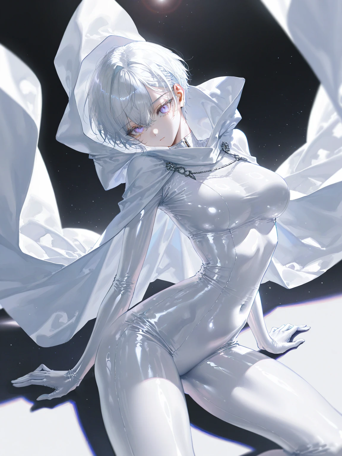 Ghost Spider, Gwen Venom symbiote outfit, black with spider in the center of her chest in white, organic looking outfit, gooey forehead, symbiote, white eyes, fine art, PS5 cinematic screenshot, highly detailed detailed cinematic rendering, ultra photorealistic raytricing, with cinematic lighting
