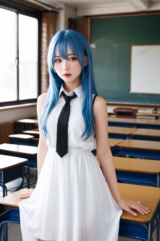 Anime - Stylistic image of a woman in a white shirt and a black skirt, seductive anime girls, Smooth anime CG art, On a table, beautiful and seductive anime woman, Surrealism female students, Realistic schoolgirl, Surrealism female students, 2 b, 2b, sakimichan, [ 4 K digital art ]!!, Perfect white haired girl，huge tit，Blush，Spread your legs，Whole body ,