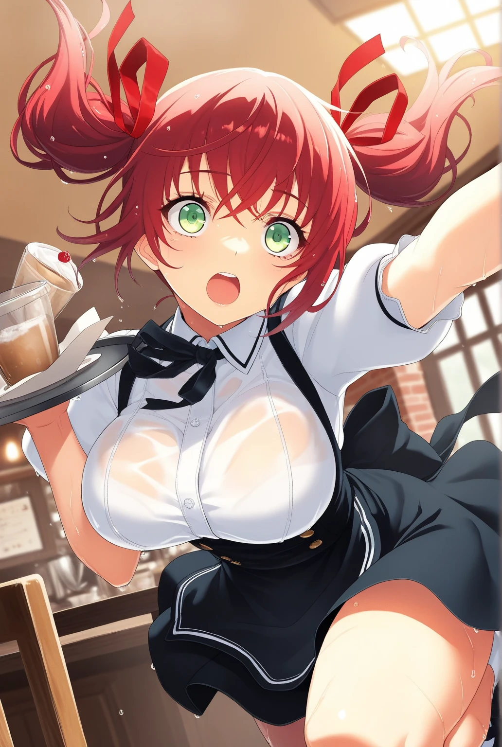 1girl in, Solo, Nakano Yotsuba, Orange hair, Hair Bow, green bowtie, (Naked:1.3), (White Apron), Large breasts, cleavage, thighs thighs thighs thighs, Cafe Background, (Blushing:1.3)