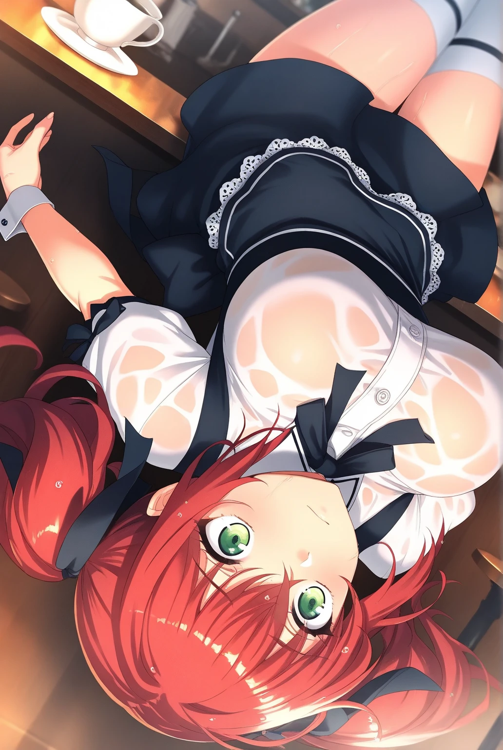 (masterpiece, best quality), 1girl(beautiful face, gwendolyn_tennyson, breasts, naked body, orange hair, short hair, green eyes, half-closed eyes),detailed face, a pained face, open mouth, solo, , , see-through nightgown, in the bedroom, night time, kabedon pov, kabedon against wall, standing , spread legs, sex, hetero, standing sex, sex from front, pussy, penis, cumdrip from her pussy, top view